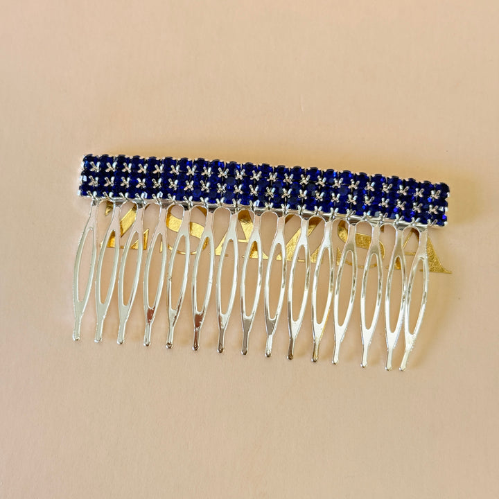 Rhinestone 3 rows royal blue silver comb
