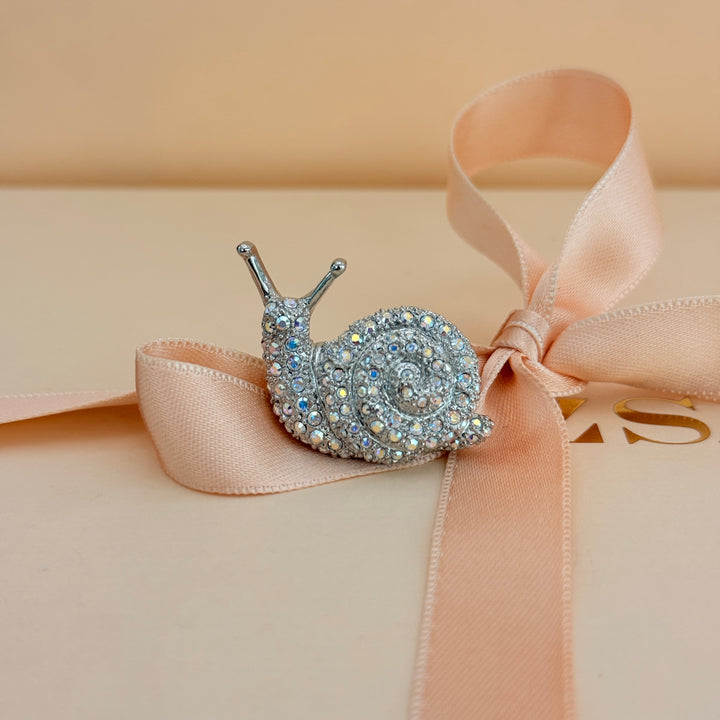 Aurora borealis snail rhinestone silver brooch