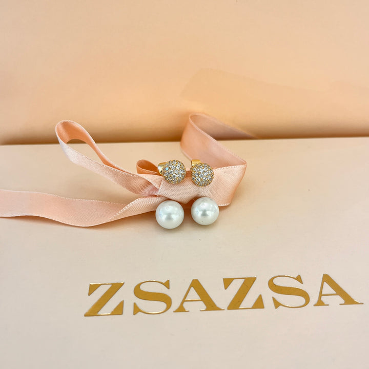 Zircone and white Pearls front-Back gold plated earrings