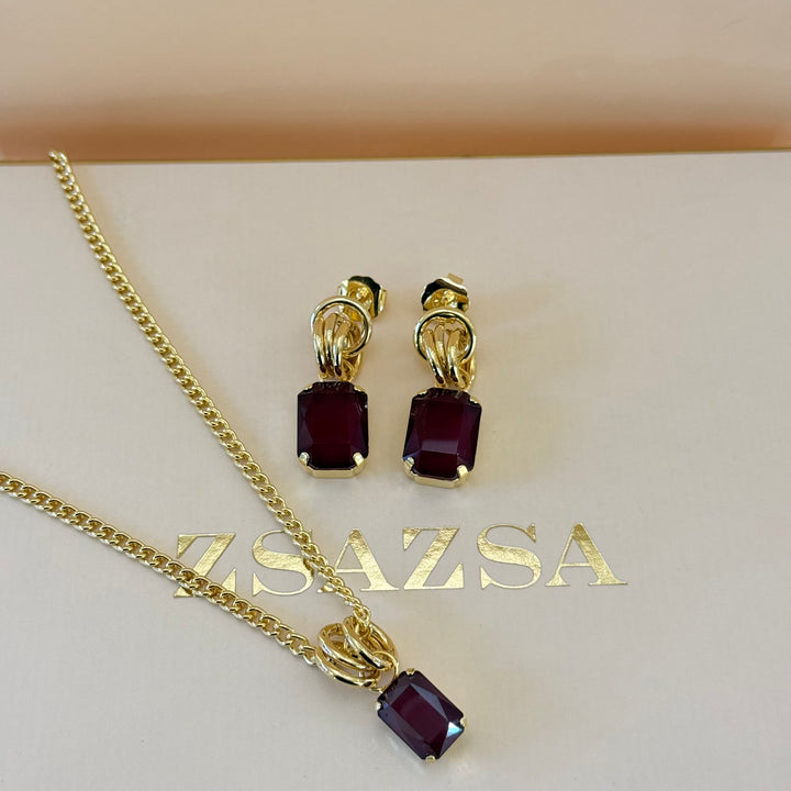 Rectangular Plum Swarovski crystals gold plated set