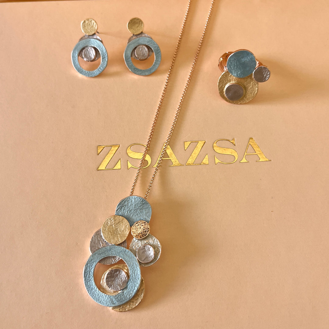 Enamel turquoise, light green and light grey round rose gold plated set