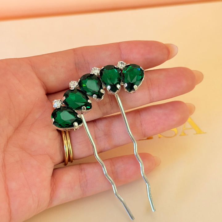 Preciosa crystals teardrop dark green silver hair pin