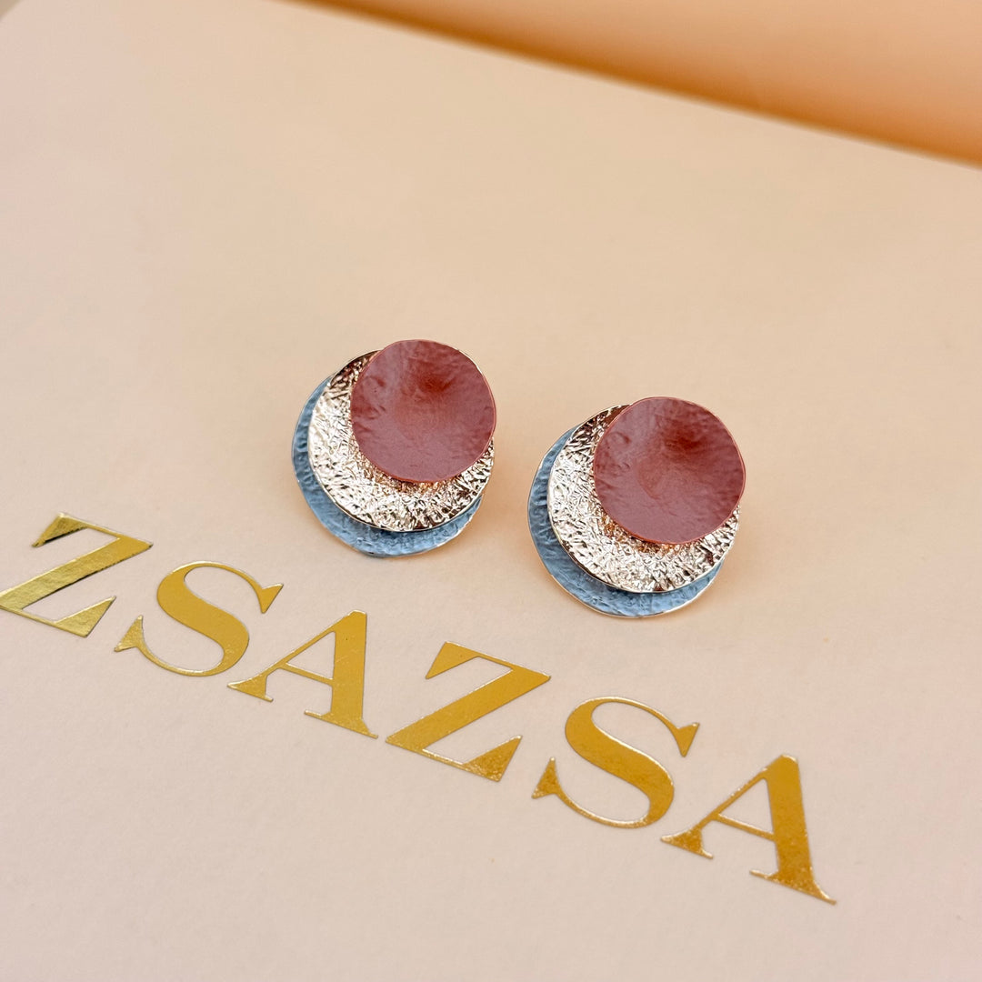 Round brown and grey enamel earrings and ring rose gold plated