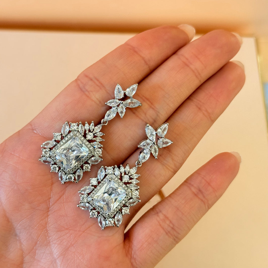 Marquise and rectangular zircone silver earrings