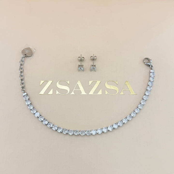 Tennis zircone silver earrings and bracelet