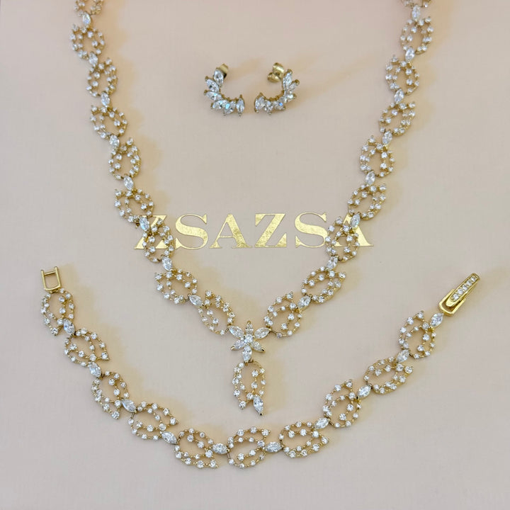 Marquise and rosette zircone gold plated set