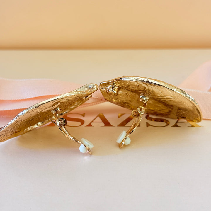 Plain texture leaf gold plated clip on earrings