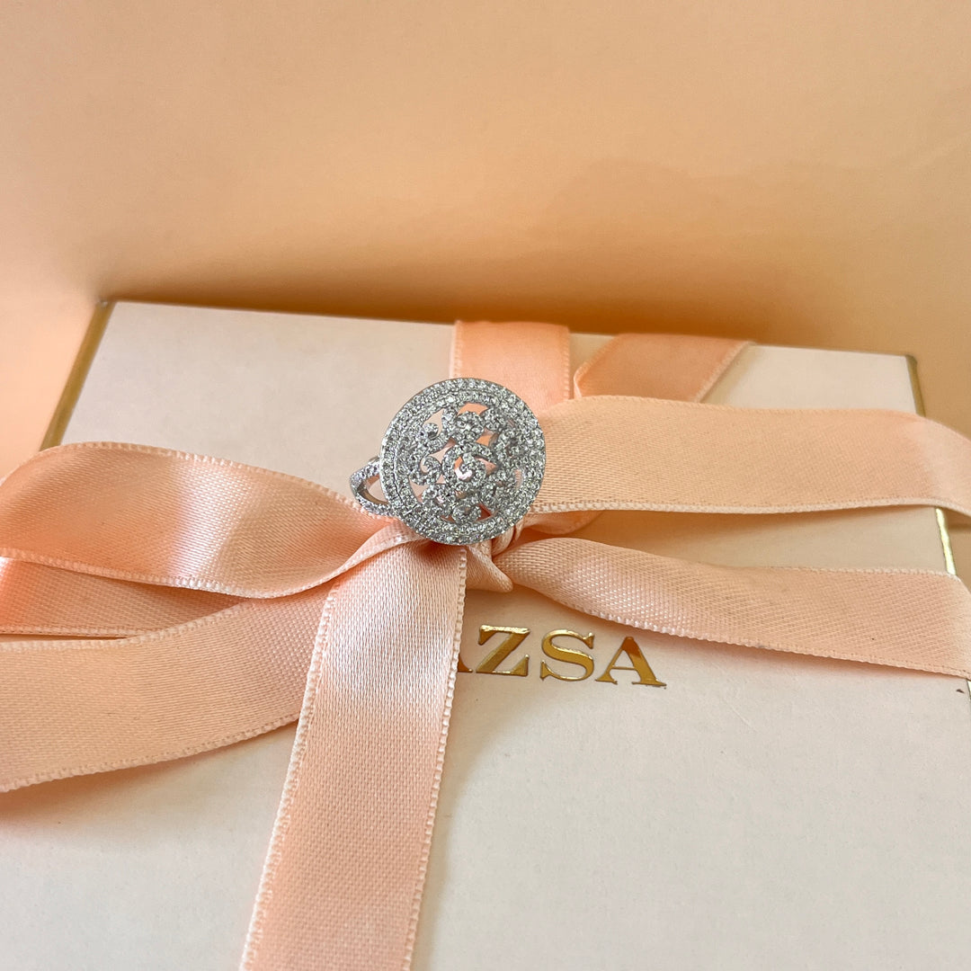 Zircone round and twisted white gold silver ring