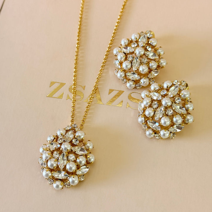 Preciosa crystals & pearls chunky gold plated pendant set