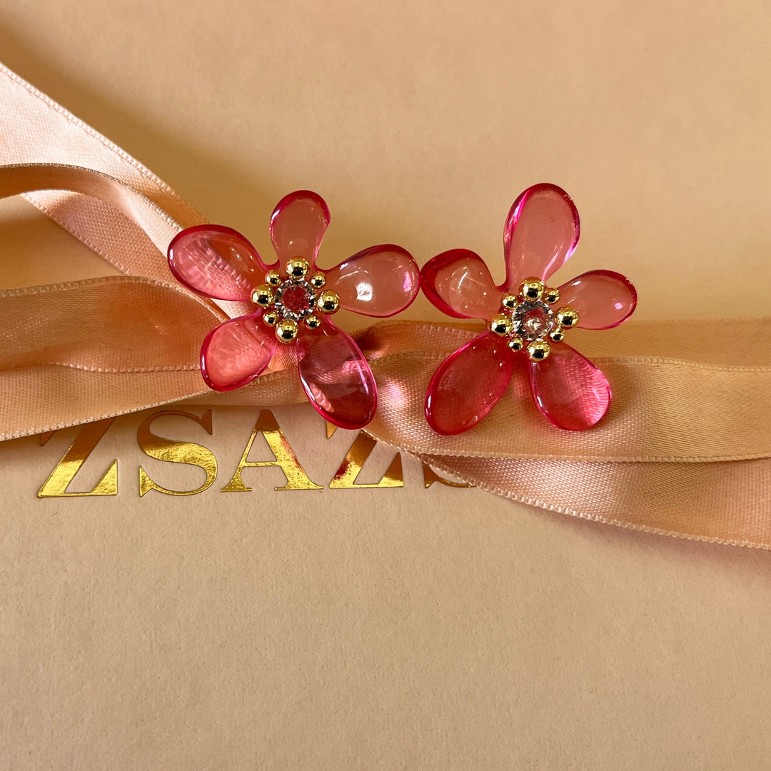 Fuchsia flower resin gold plated  earrings