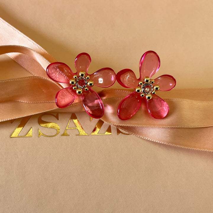 Fuchsia flower resin gold plated  earrings