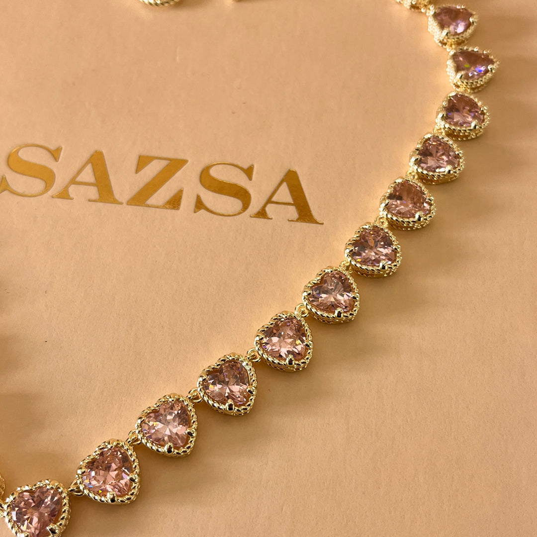 Light pink heart zircone gold plated necklace and bracelet