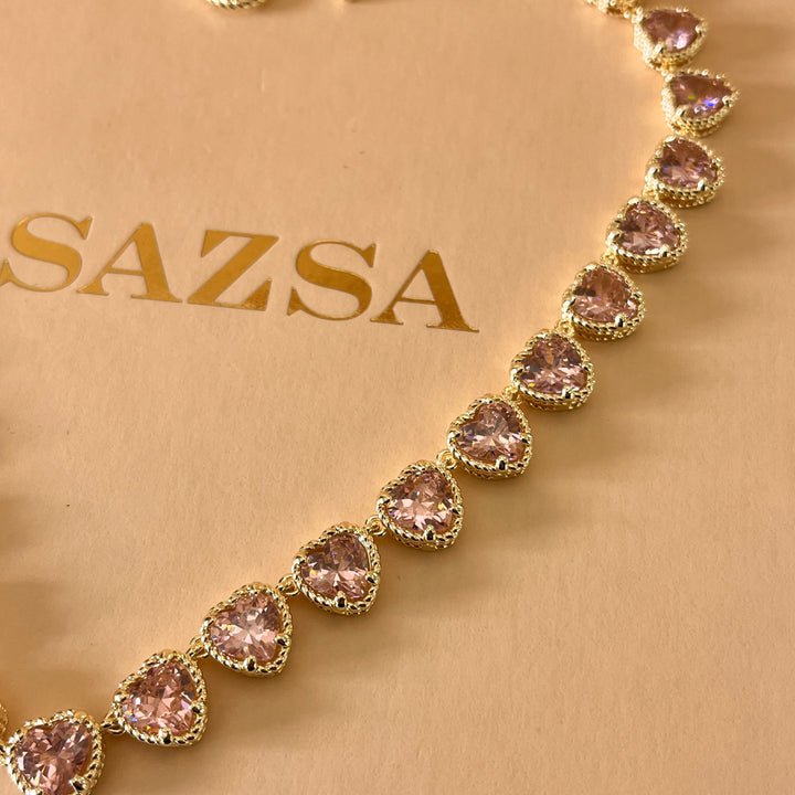 Light pink heart zircone gold plated necklace and bracelet