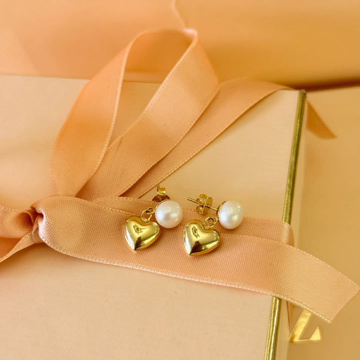 Pearl and heart sterling silver gold plated earrings