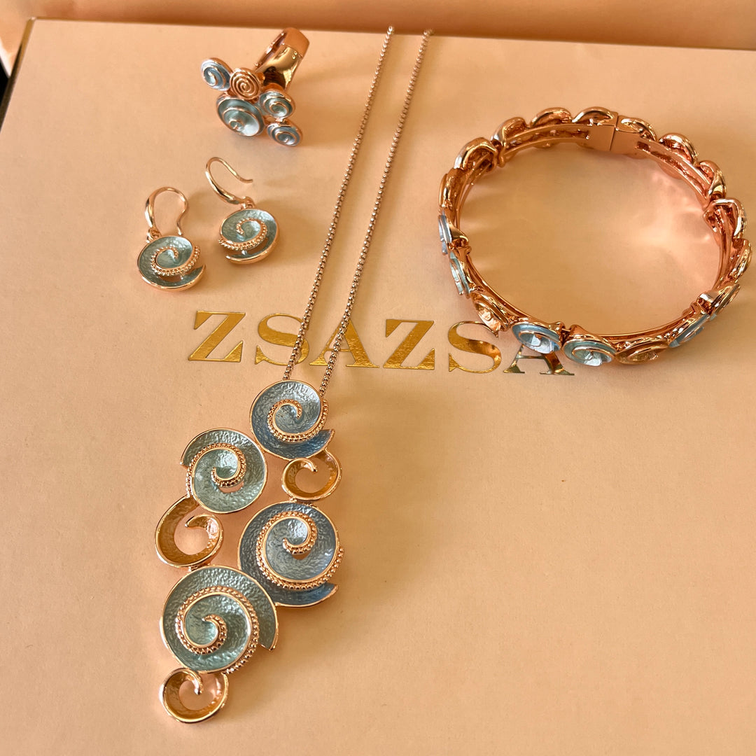 Enamel light blue, light turquoise and gold spiral rose gold plated set