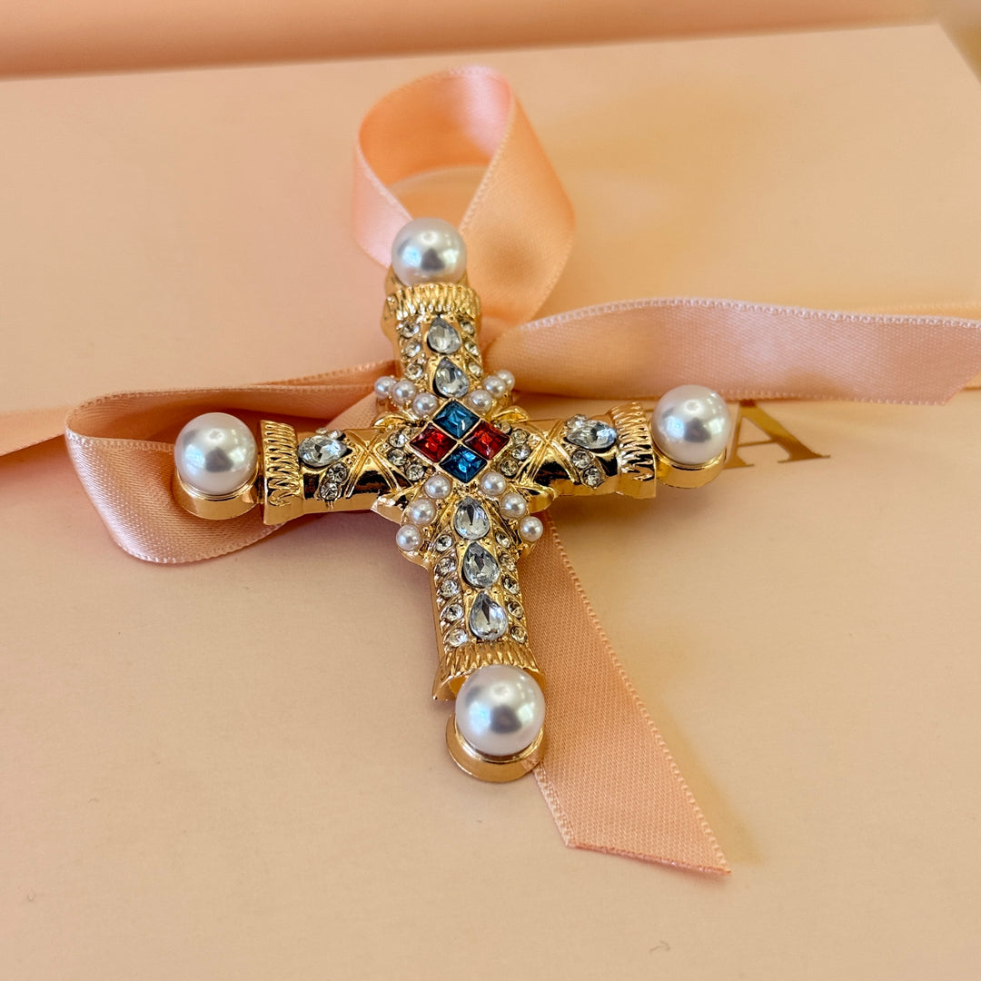 Cross pearl and rhinestone gold plated brooch