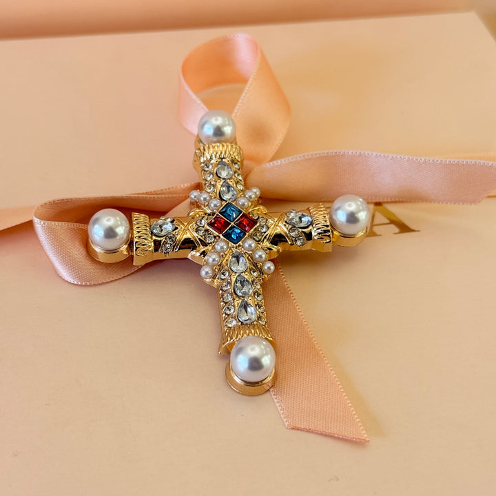 Cross pearl and rhinestone gold plated brooch