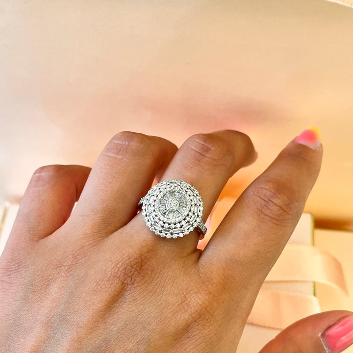 Zircone baguette white gold plated round ring