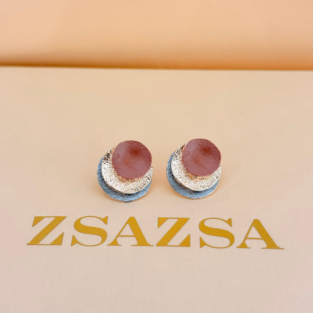 Round brown and grey enamel earrings and ring rose gold plated