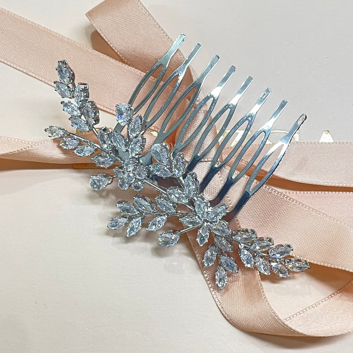 Silver flower marquise cubic zircone comb