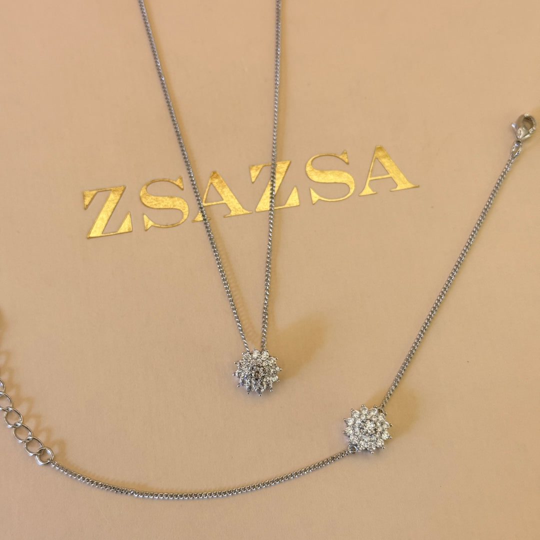 Dainty flower zircone silver pendant and bracelet