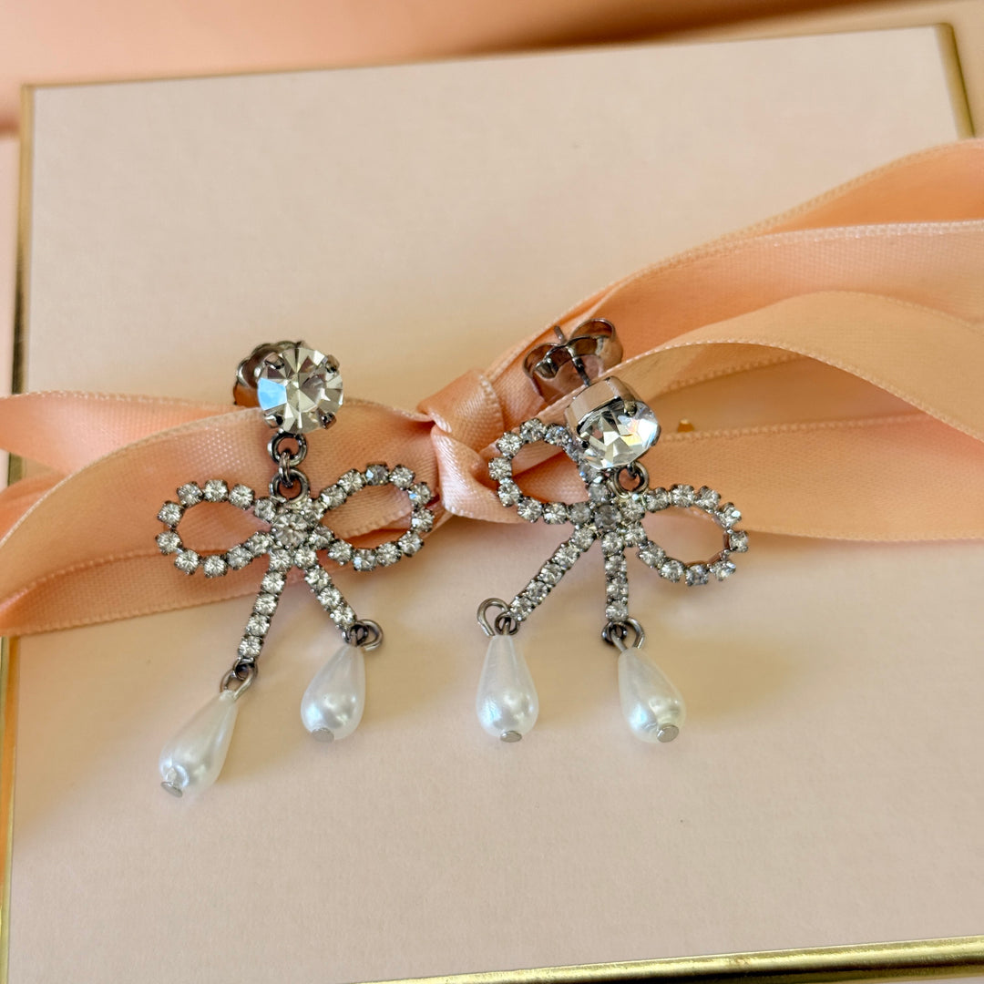 Swarovski crystals bow drop pearls silver earrings