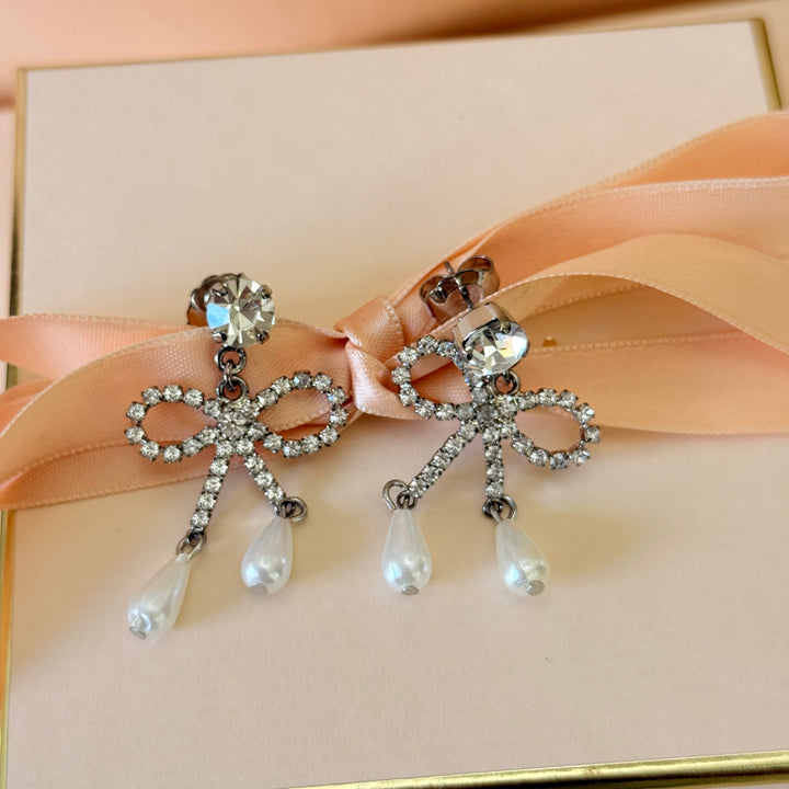 Swarovski crystals bow drop pearls silver earrings