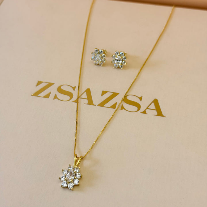 Flower zircone sterling silver gold plated set