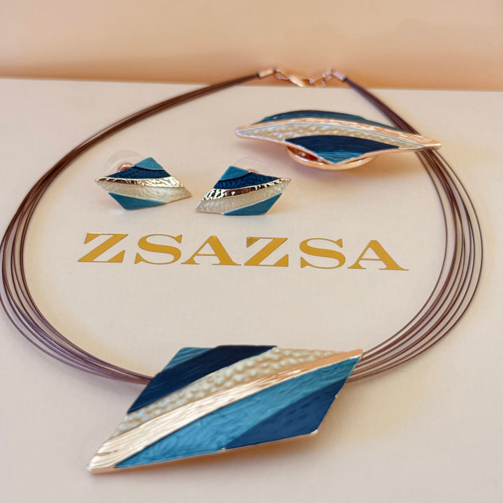 Mixed texture blue enamel rose gold plated set