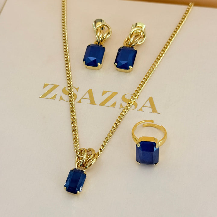 Rectangular royal blue Swarovski crystals gold plated set