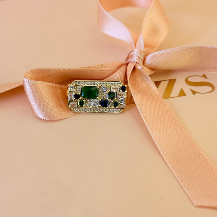 Dainty green and blue zircone gold plated brooch
