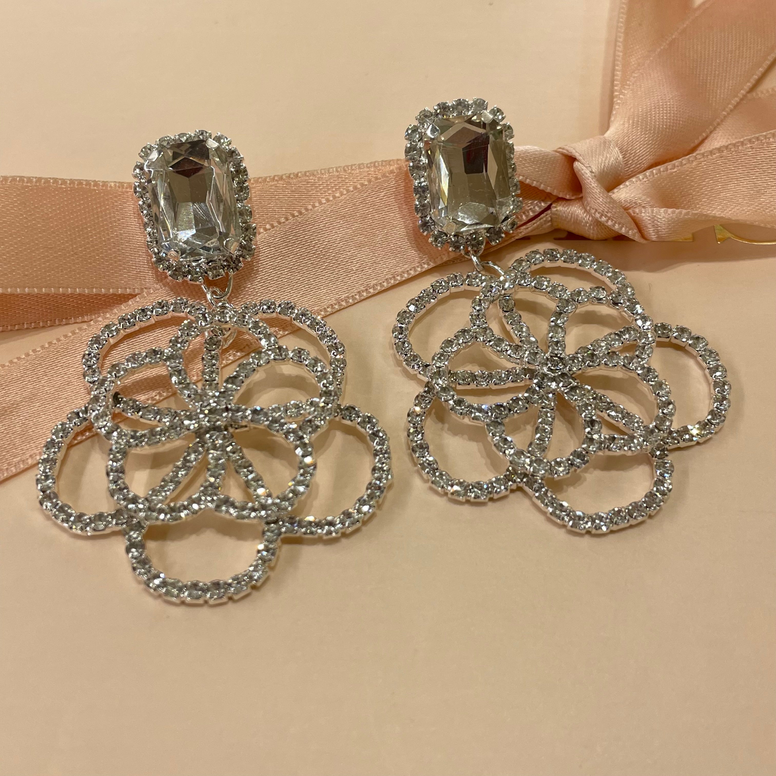 Rhinestone Embellished Flower Dangle Evening Earrings