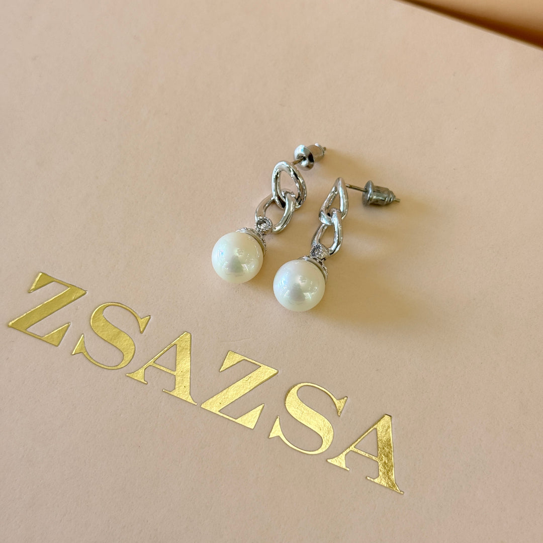 Swarovski crystals Mallorca pearls chain silver earrings