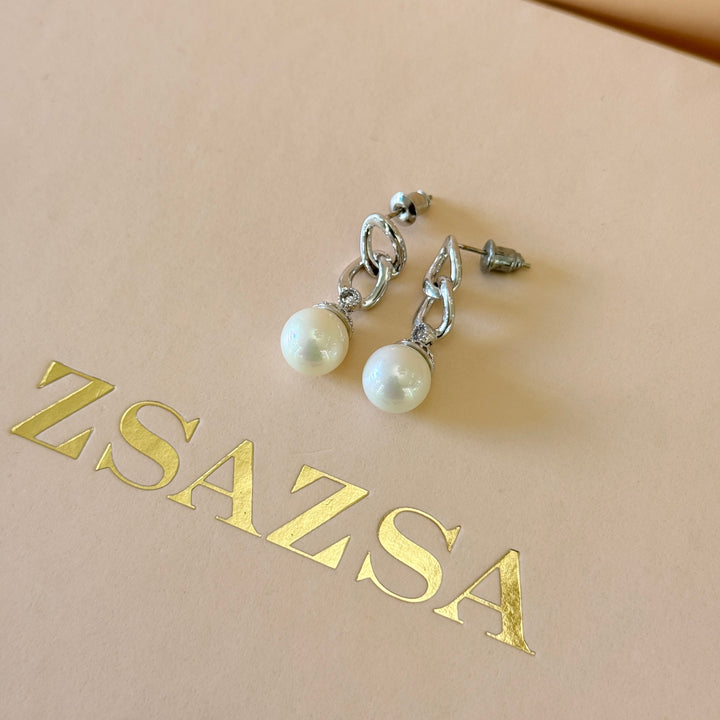 Swarovski crystals Mallorca pearls chain silver earrings
