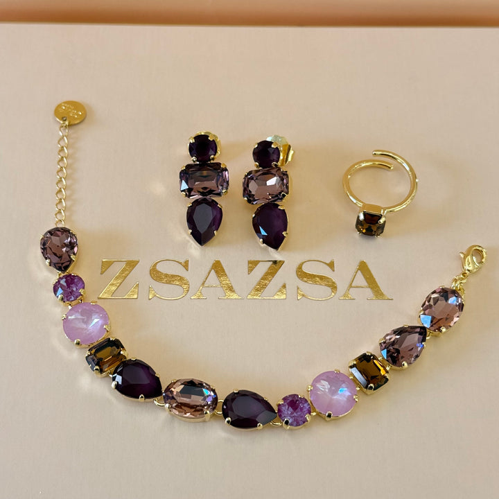Mixed shades of purple Swarovski crystals gold plated set