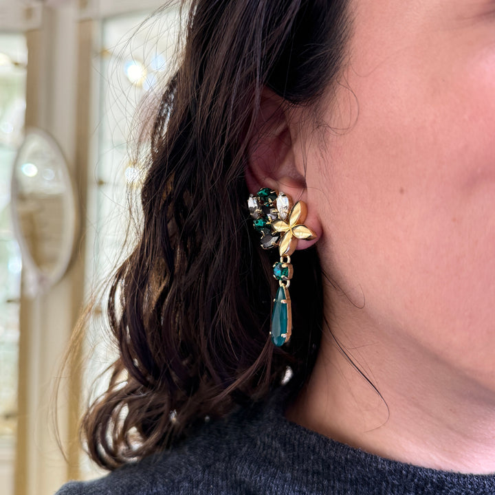 Green and grey Swarovski crystals gold plated earrings