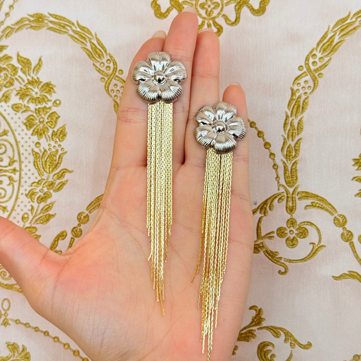White Gold Plated Floral Earrings with Gold Plated Fringe