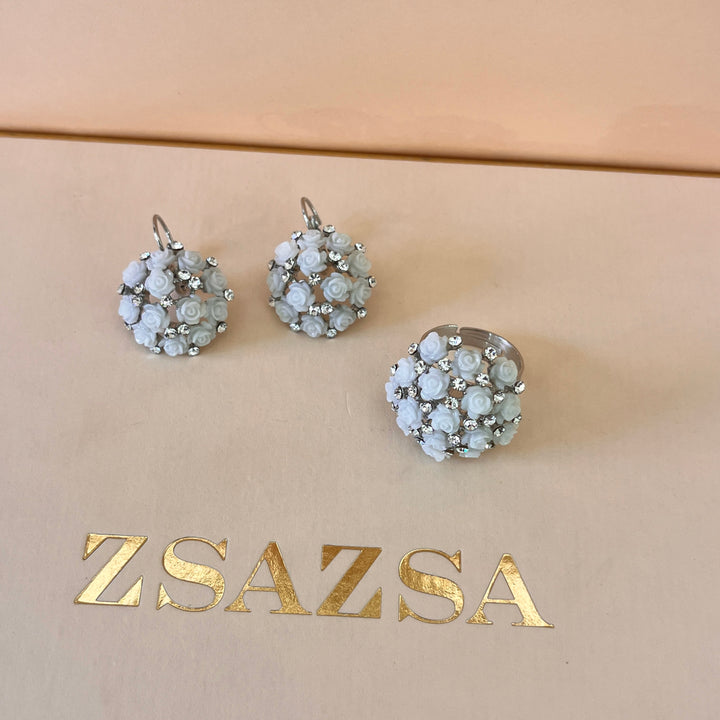 Swarovski crystals and roses white gold plated earrings and ring