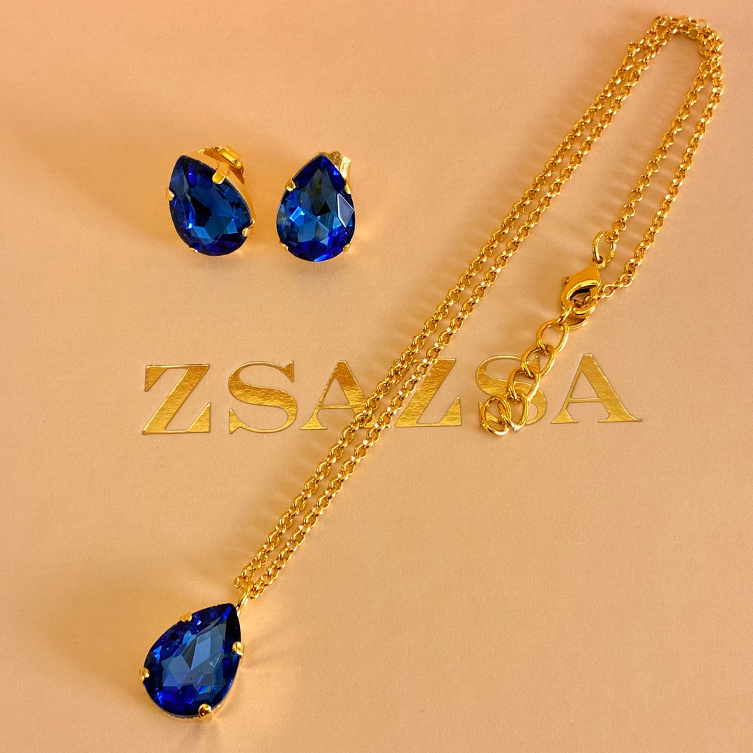 Teardrop royal blue Preciosa crystals gold plated set