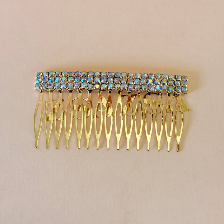 Rhinestone 3 rows aurora borealis gold comb