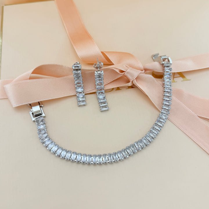 Baguette zircone silver earrings and bracelet