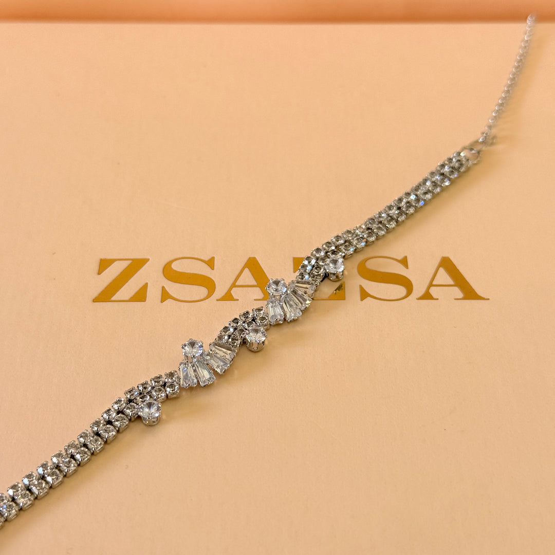Baguette and round zircone silver bracelet