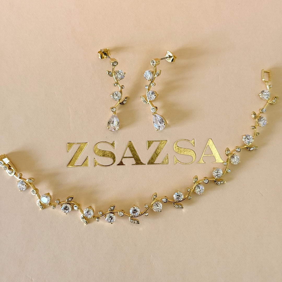 Leaves zircone gold plated earrings and bracelet