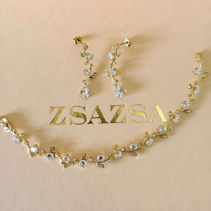 Leaves zircone gold plated earrings and bracelet