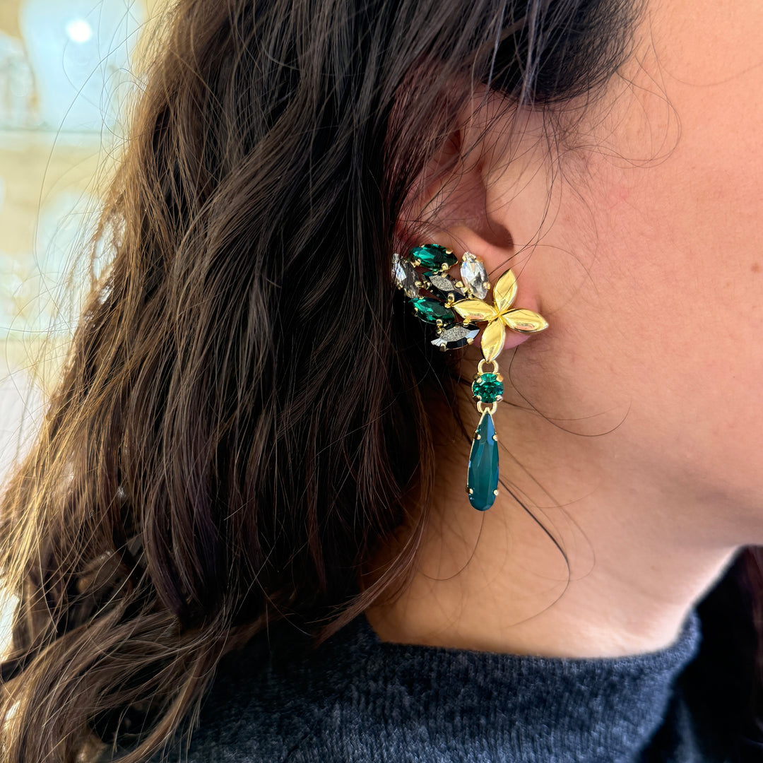 Green and grey Swarovski crystals gold plated earrings