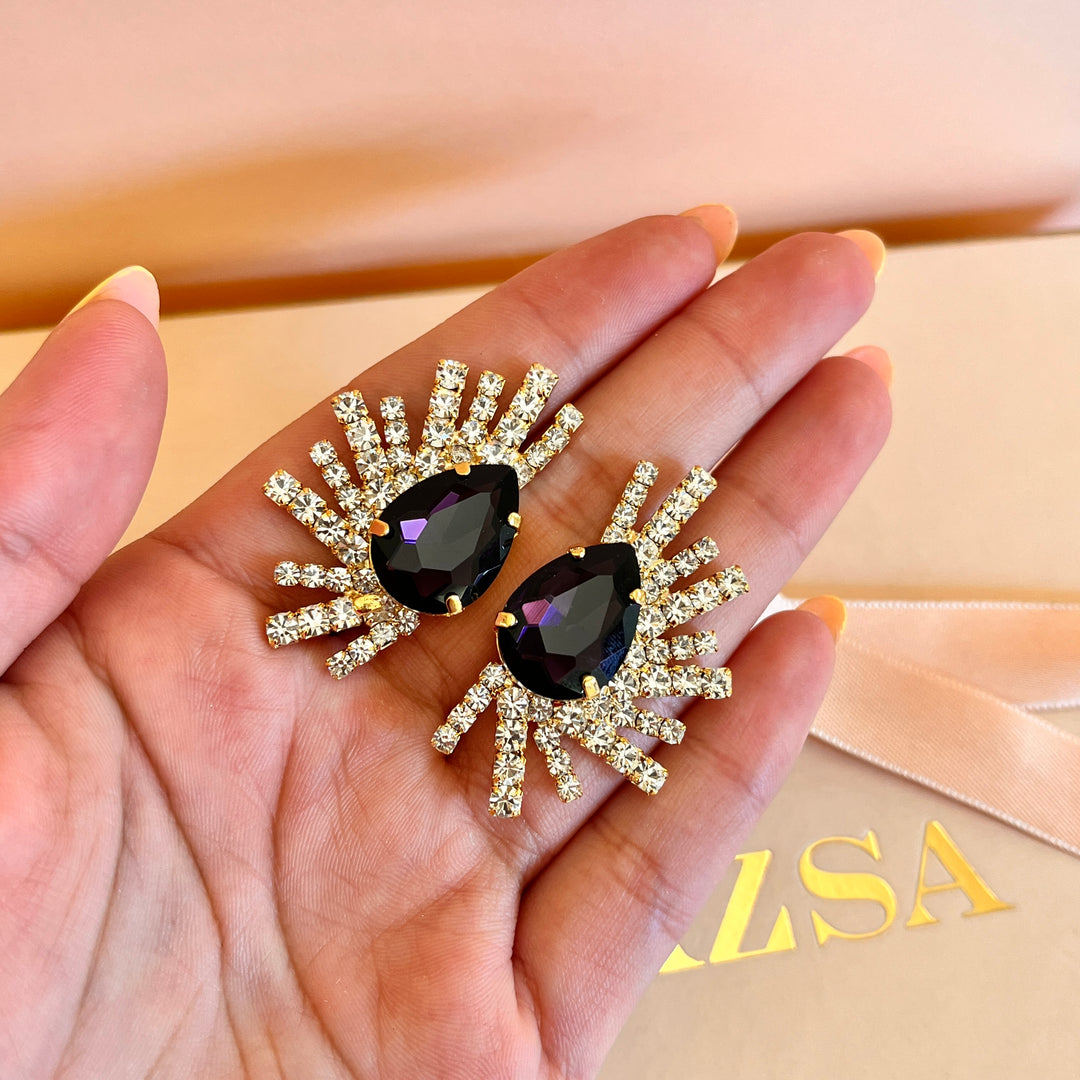 Purple rectangular preciosa crystals studs and ring