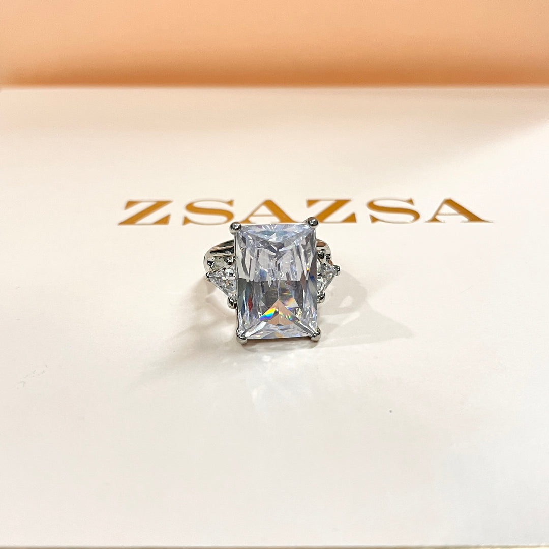 Rhinestone rectangular white gold plated ring