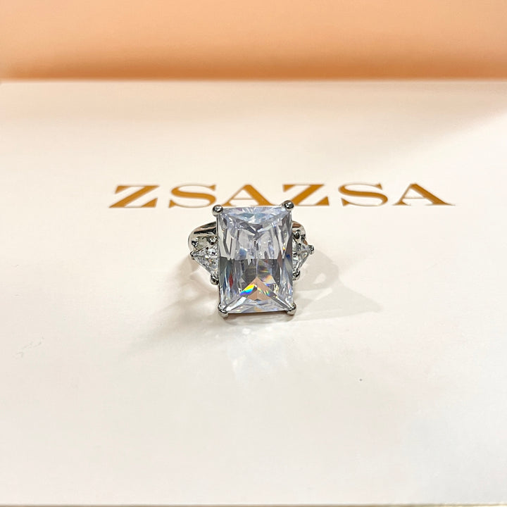 Rhinestone rectangular white gold plated ring