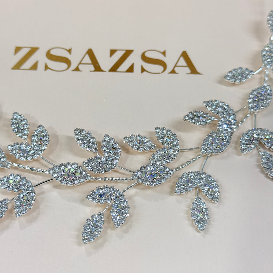 Rhinestone leaves aurora borealis silver flexible headband
