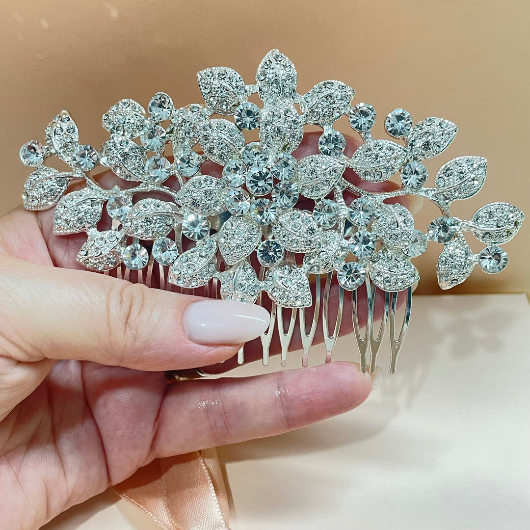 Bubble Stone Embellished Leaf Cluster Hair Comb in gold or silver